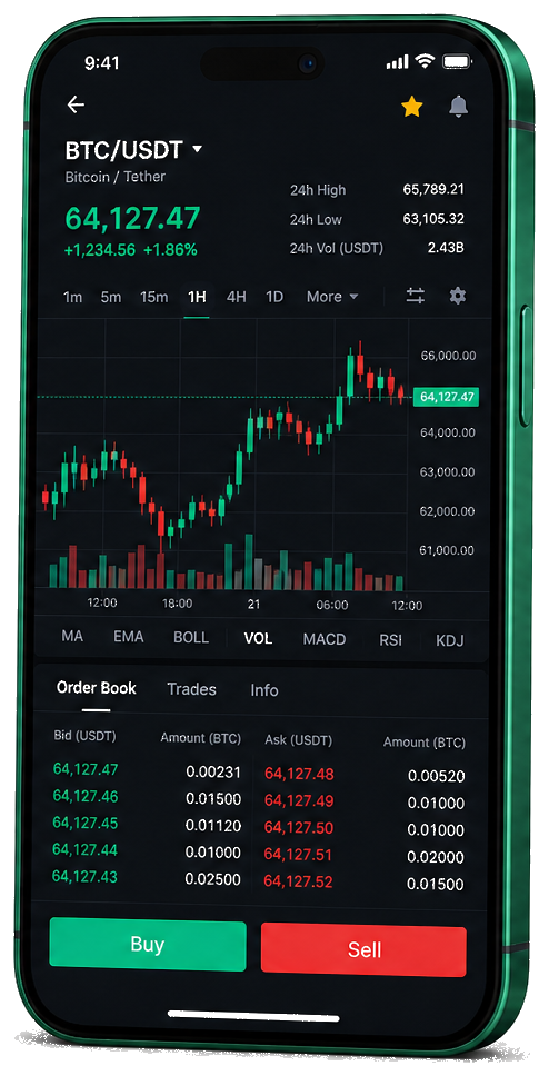 Frank Depositvale mobile trading platform — live BTC/USDT chart, order book and buy/sell interface